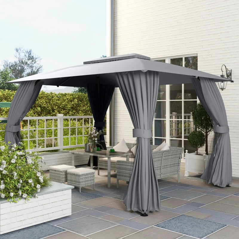 Outsunny Gazebo da Giardino 4x3m con Doppio Tettuccio, Pareti in Poliestere e Struttura in Acciaio, Grigio