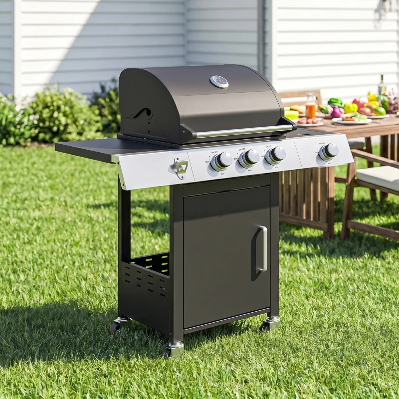 Outsunny Gasgrill 10,5 KW 3+1 Brenner BBQ Grillwagen Edelstahl inkl Seitenbrenner Flaschenöffner Thermometer Gusseisen-Grillrost