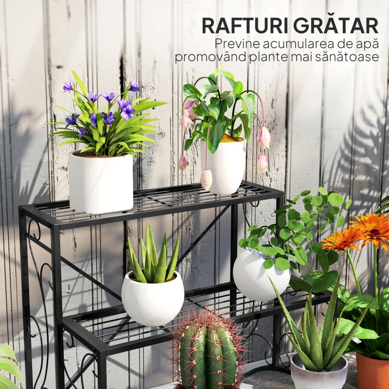 Outsunny Etajeră-suport pentru plante, cu 3 niveluri, în formă de scară, pentru interior și exterior, din metal, 60x60x60 cm, negru