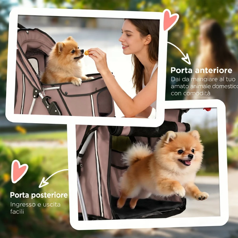 PawHut Passeggino per Cani Pieghevole con Catarifrangenti, Ruote Girevoli, Freni e Cuscino Lavabile, Caffè