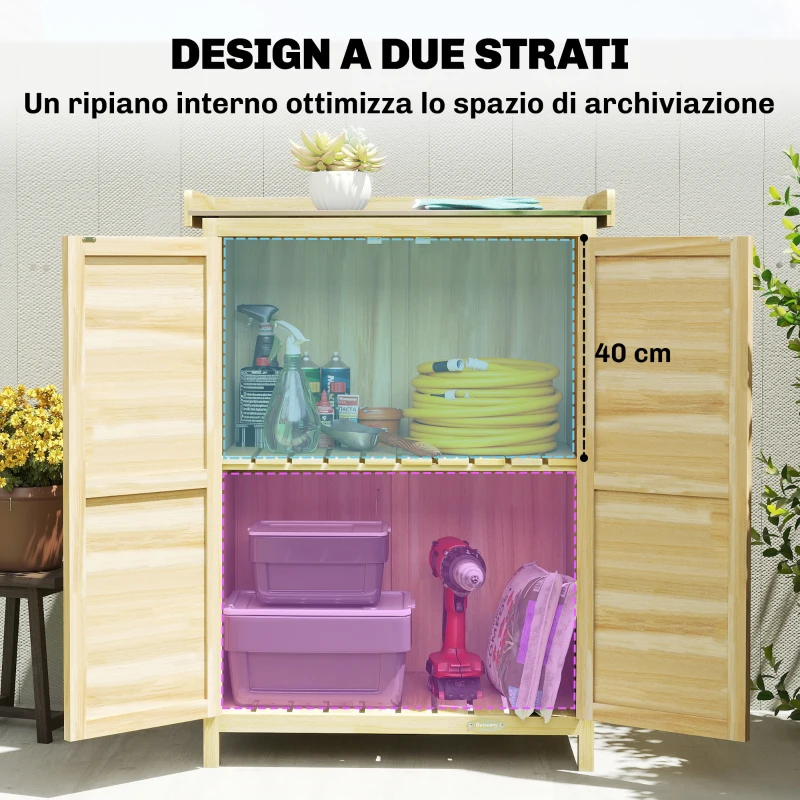 Outsunny Armadio da Giardino in Legno con Piano in Acciaio, Ripiani e Ganci, 71.5x39x95 cm