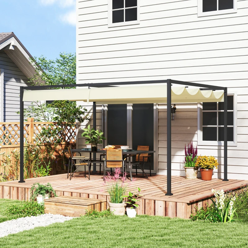 Outsunny Pergola Gazebo da Esterno 4x3 m con Tettuccio Retrattile in Metallo e Poliestere, Crema
