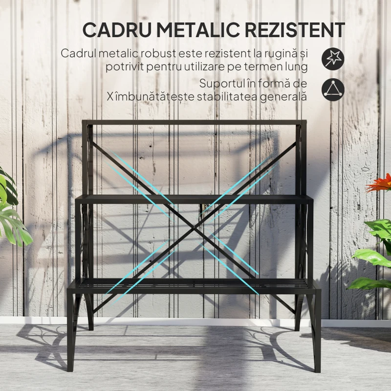 Outsunny Etajeră-suport pentru plante, cu 3 niveluri, în formă de scară, pentru interior și exterior, din metal, 60x60x60 cm, negru