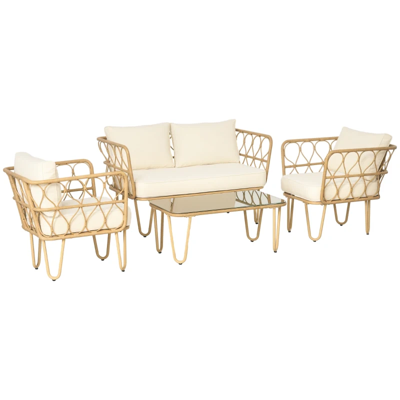 Outsunny Ensemble salon de jardin canapé 2 places + 2 fauteuils + 1 table basse plateau verre trempé 7 coussins écru