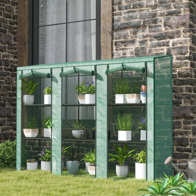Outsunny Invernadero de Exterior de 3 Niveles con Puerta Enrollable con Cremallera 9 Estantes Cubierta de PE 215x46x151cm Verde