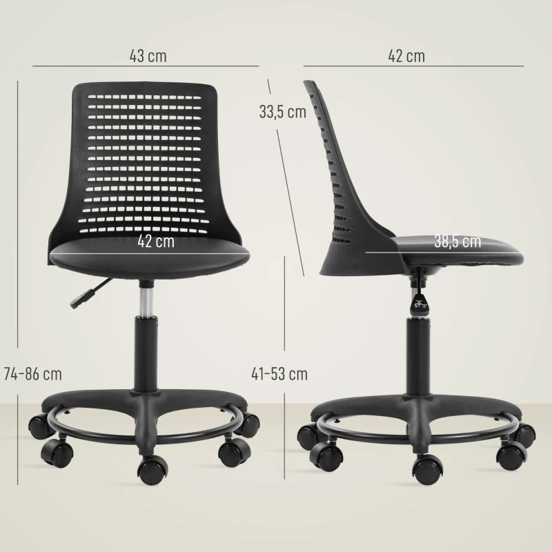 HOMCOM Cadeira de Escritório sem Braços Cadeira de Secretária Giratória em Malha com Encosto Vazado Ajustável 43x42x74-86 cm Pr