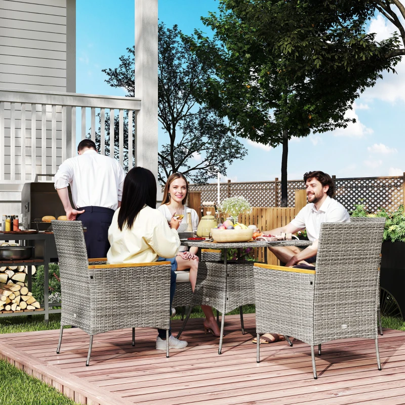 Outsunny Five-Piece Rattan Set, with Wood-Top Table - Teak