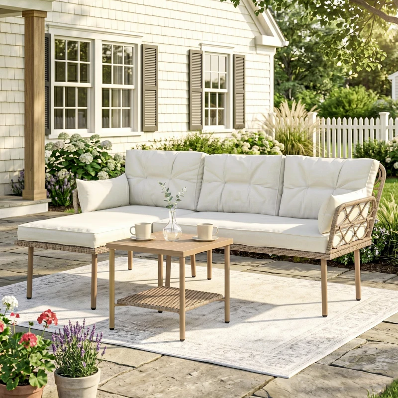 Outsunny Set mobilier grădină colțar 4 persoane, 3 piese cu măsuță și perne confortabile incluse, ratan împletit, crem