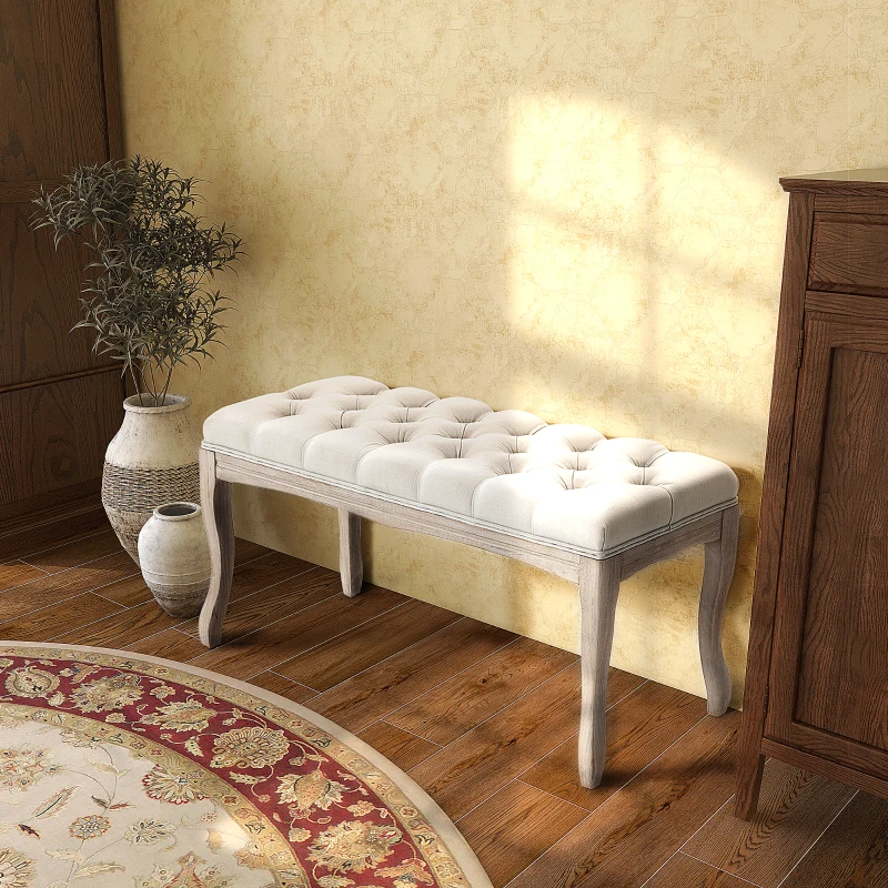 HOMCOM Panca Fondoletto Vintage con Seduta Imbottita in Tessuto e Gambe in Legno, 110x40x48cm, Beige