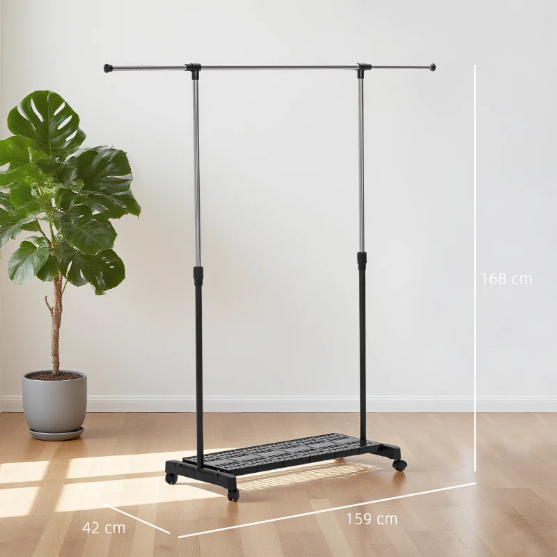 HOMCOM Tendedero Extensible con Ruedas con Barra de Acero Inoxidable y Estante para Zapatos 159x42x168 cm Negro y Plata