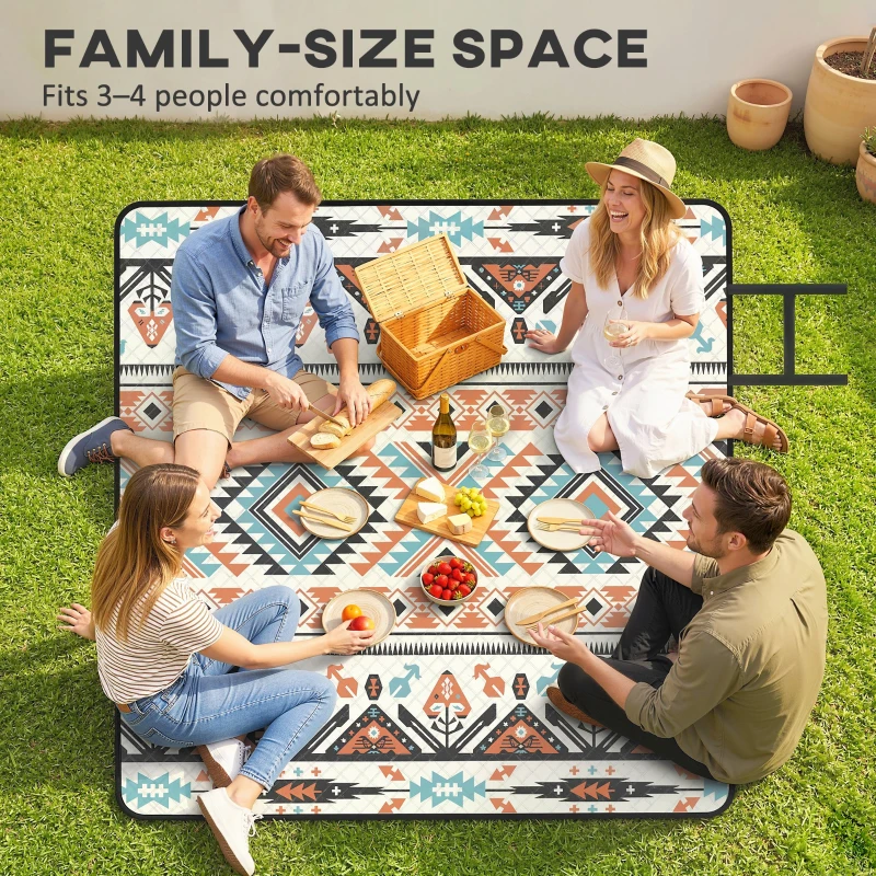 Outsunny Picnic Blanket, 200x200CM Large Beach Blanket Outdoor Picnic Mat with Integrated Strap for Camping, Mix-Colour