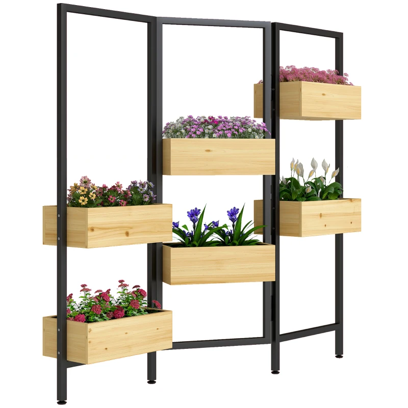 Outsunny Blumenkasten mit Sichtschutz, Hochbeet mit Klappbarem Spalier, 6 Pflanzkästen mit Ablauflöchern, Stahl
