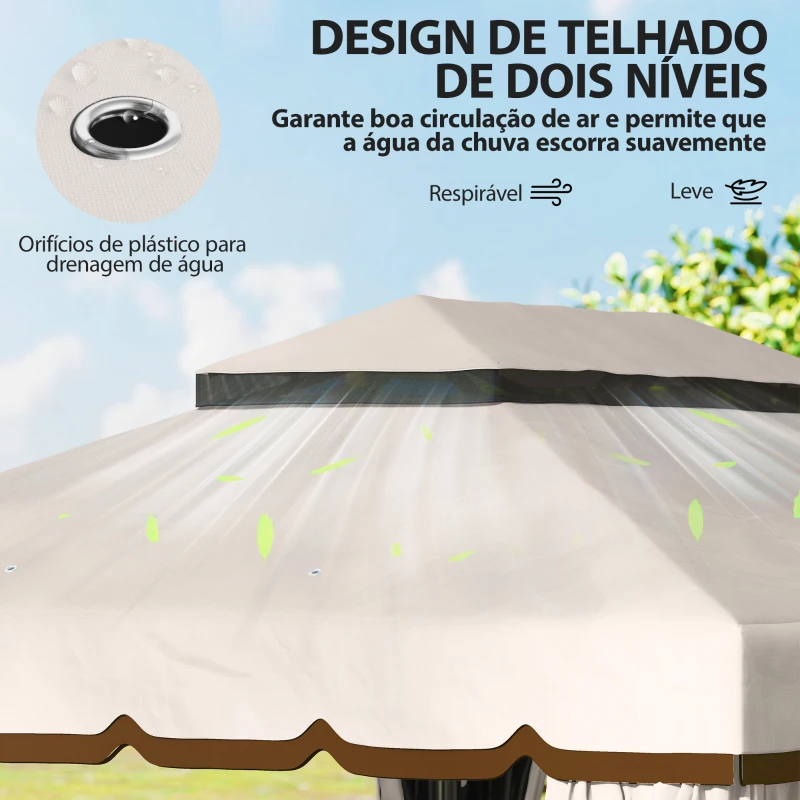 Outsunny Pérgola de Jardim 390x290x270 cm com 4 Cortinas Laterais 4 Telas Mosquiteiras e 8 Orifícios de Drenagem Creme