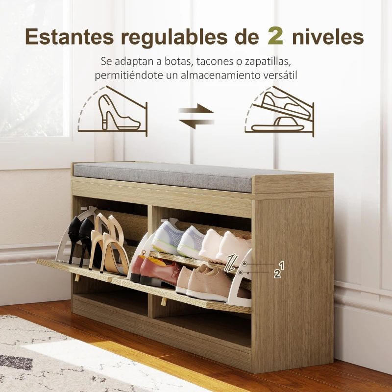 HOMCOM Banco Zapatero con Asiento Acolchado Puertas Frentes de Ratán Estante Ajustable para 8 Pares de Zapatos Natural