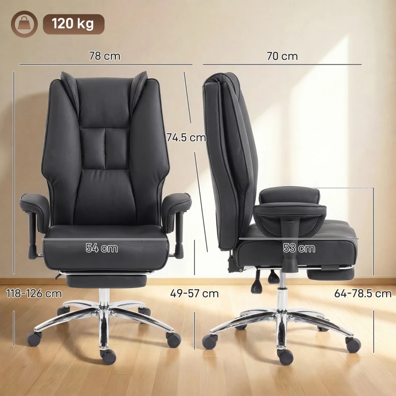 HOMCOM Executive Office Chair, Reclining Desk Chair with Footrest, Adjustable Armrests, Pet Friendly Faux Leather, Black