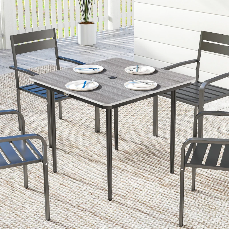 Outsunny Garden Dining Table for 4, 85 cm Square Outdoor Table with Umbrella Hole, Faux Wood Top, Metal Legs, Light Grey