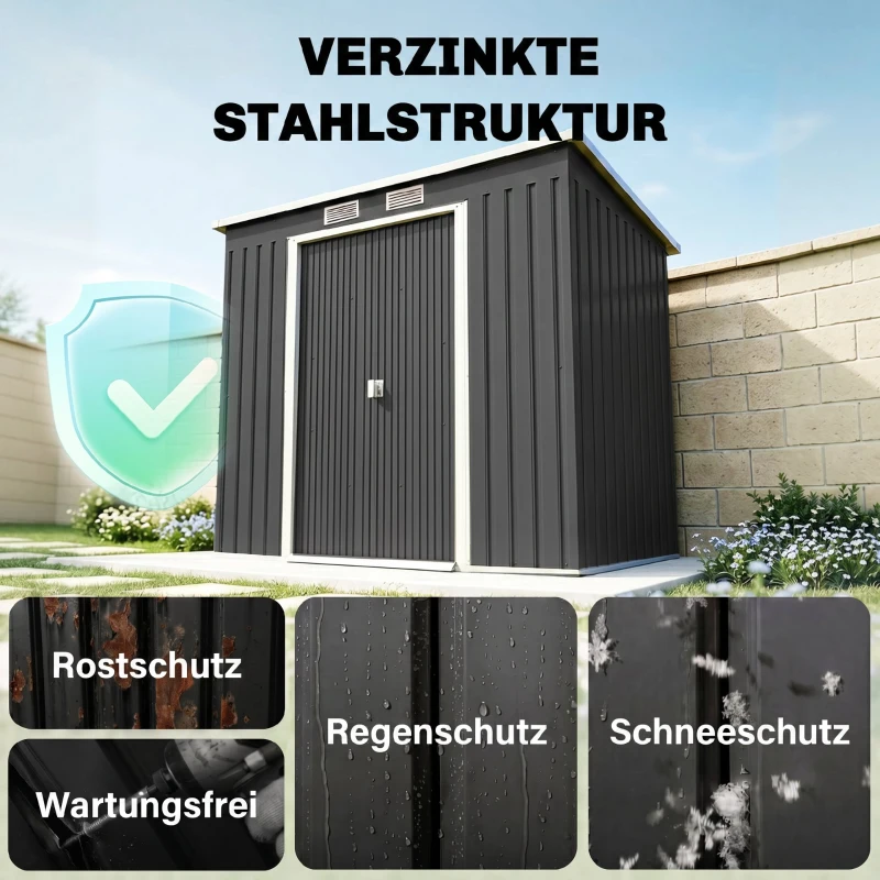 Outsunny Geräteschuppen, mit Lüftungsfenstern, Schiebetüren, verzinkter Stahl, 213 x 130 x 172 cm, Dunkelgrau