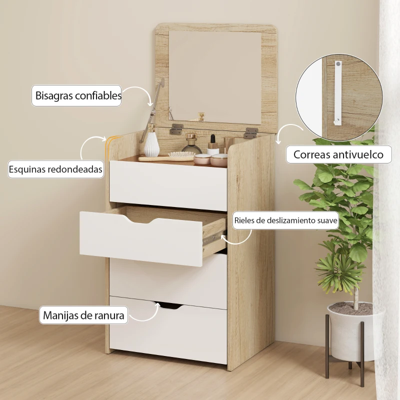 HOMCOM Tocador de Maquillaje 3 en 1 con Taburete Oculto y Espejo Abatible Mesa de Maquillaje de Vidrio Visible Roble y Blanco