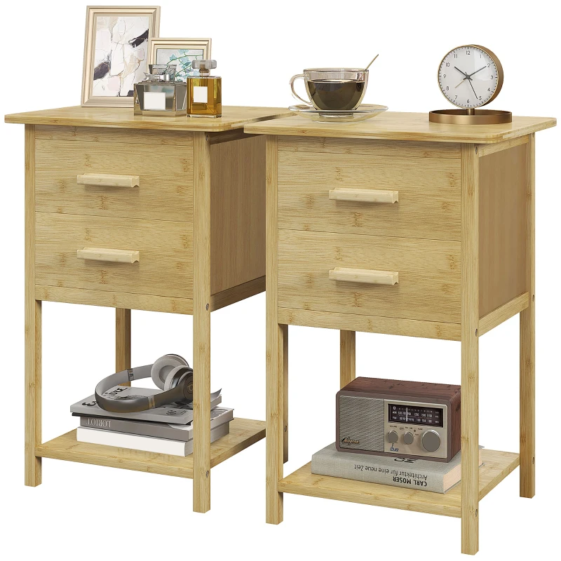 HOMCOM Nachtschrank, 2er-Set, Skandi-Design, Bambus, 2 Schubladen & Regal, 40x34x60cm