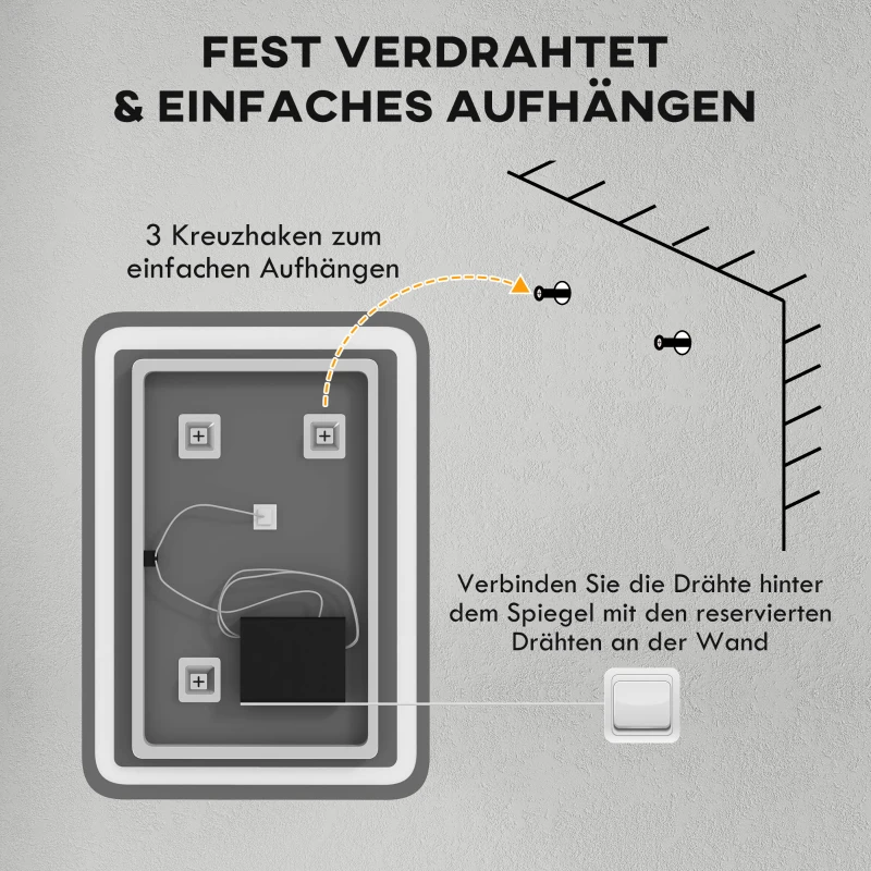 HOMCOM Badezimmerspiegel, beleuchtet, Touch-Steuerung, beschlagfrei, dimmbar, 3 Lichtfarben, 50x70, Silber