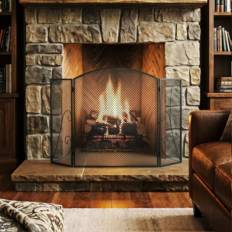 HOMCOM Parachispas para Chimenea Plegable de 3 Paneles en Metal Pintado, Listo para Usar, 133x1x77 cm, Negro