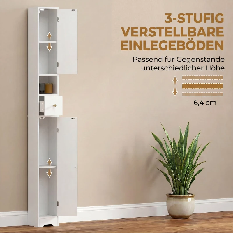 HOMCOM Badezimmerschrank schmaler Badschrank mit Schublade gewölbten Türen offenem Fach verstellbare Ablage 20x20x185 cm Weiß