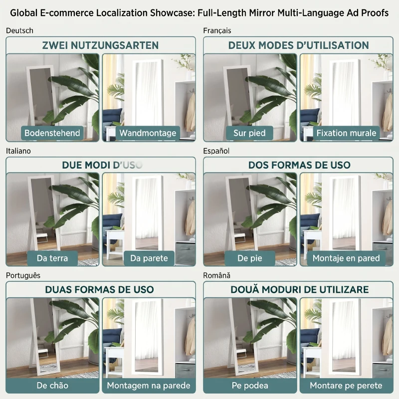 HOMCOM Oglindă cu Cadru din MDF, Picioare și Agățători pentru Utilizare pe Perete sau Independent, 37x40x155 cm