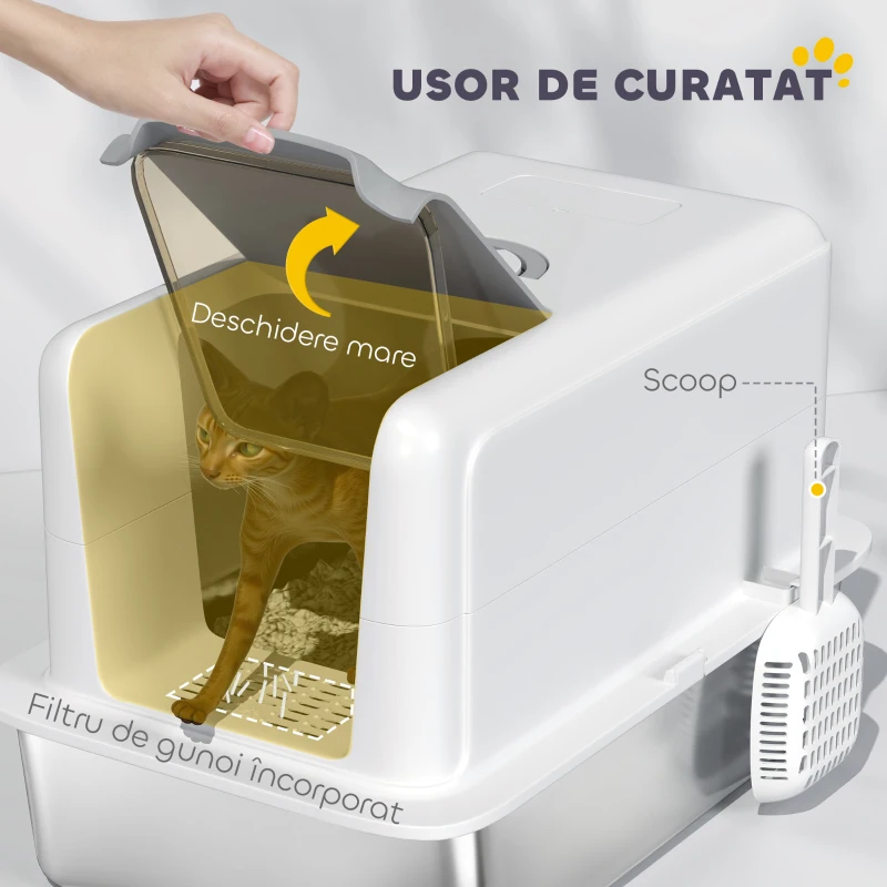 PawHut Litiere pentru Pisici Închise cu Tavă din Oțel, Lopățică și Pungi Filtrante, din PP, 40.5x60.5x41.5 cm