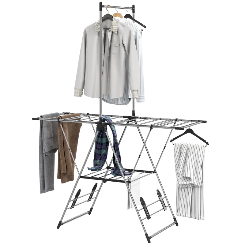 HOMCOM Tendedero Vertical Plegable con Alas Ajustables 4 Soportes para Calzado Barra y Estante 139x62,5x201 cm Plata