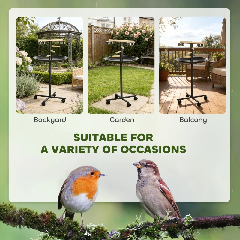 PawHut Parrot Perch Stand, Large Bird Play Stand, Metal Bird Table Feeder Station with Stainless Steel Bowls, Four Wheels, Round Tray, Black
