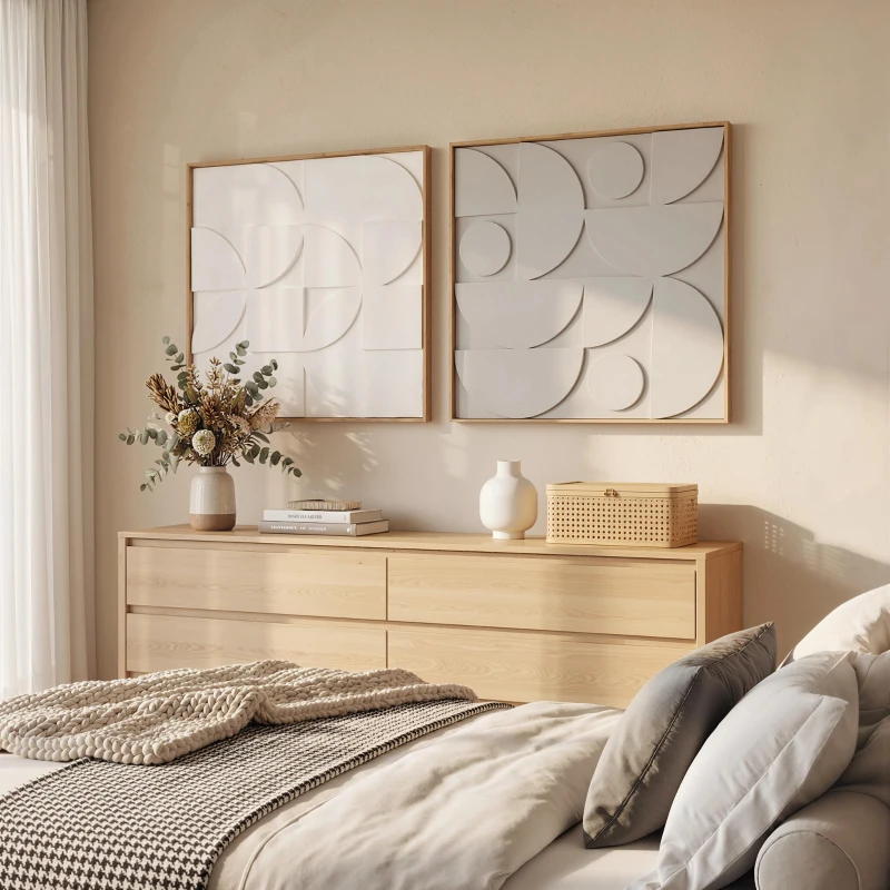 HOMCOM Lot de 2 tableaux abstraits 3D, décoration murale en bois géométrique, pour salon, chambre, bureau, 80 x 80 cm, blanc