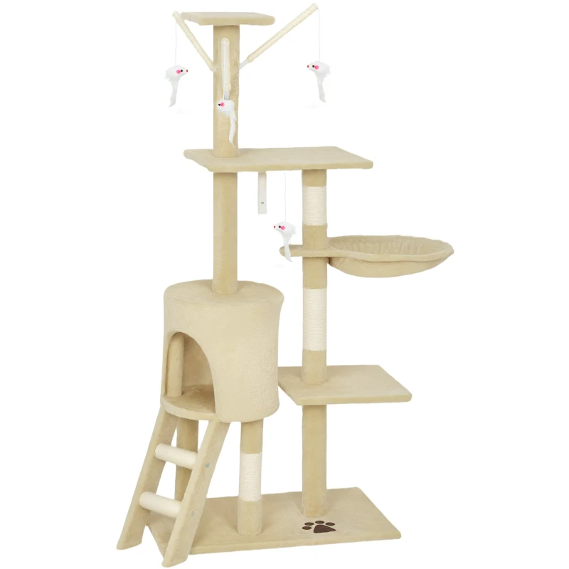 PawHut Turn pentru Pisici cu Căsuță, Platformă, Suport și 4 Șoricei Agățați, 60x35x134 cm, Bej