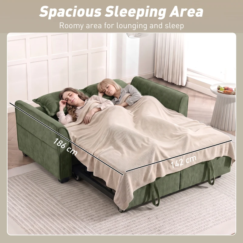 HOMCOM 2 Seater Sofa Bed, 4-in-1 L-Shaped Convertible Pull-Out Sleeper Sofa with Adjustable Backrest Side Pockets, Dark Green