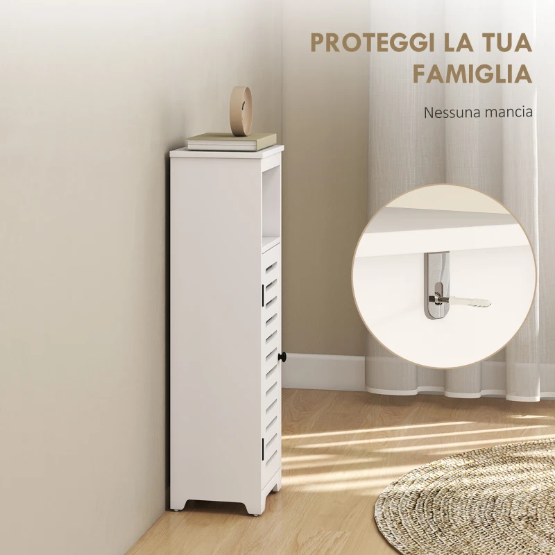 HOMCOM Mobile Bagno Slim con Porta a Lamelle, Mobiletto Bagno con Ripiani Regolabili, Vano Aperto, 22x20x75 cm, Bianco