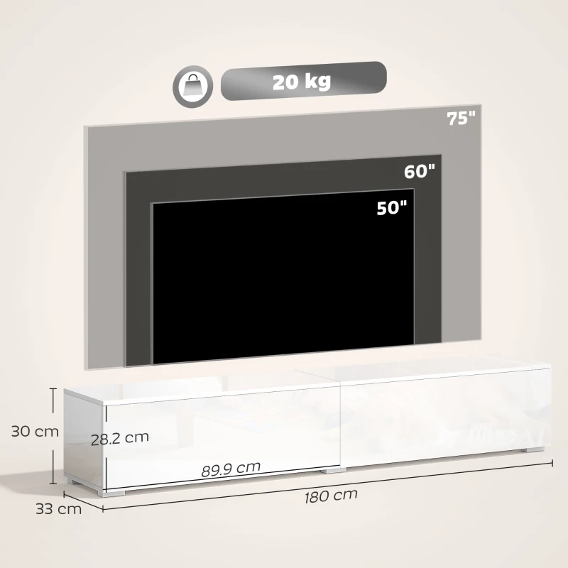 HOMCOM Dulap TV suspendat până la 75" cu uși cu deschidere prin apăsare, 180x33x30 cm, alb lucios