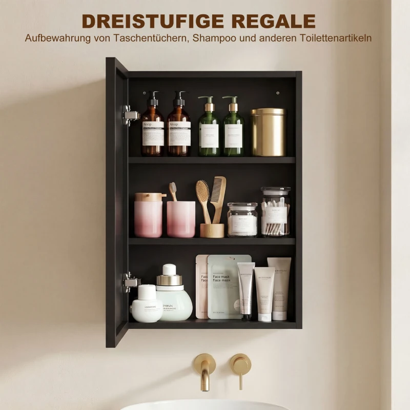 kleankin Spiegelschrank, Badschrank, 3 Regalfächer, Edelstahl, 40x12x60cm, Schwarz