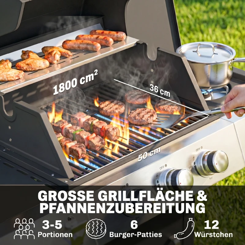 Outsunny Gasgrill 10,5 KW 3+1 Brenner BBQ Grillwagen Edelstahl inkl Seitenbrenner Flaschenöffner Thermometer Gusseisen-Grillrost
