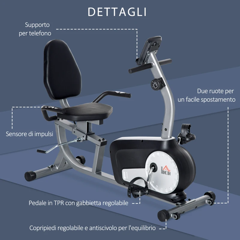 HOMCOM Cyclette Orizzontale Recumbent con 8 Livelli di Resistenza, Schermo LCD e Seduta Regolabile, 122-137x62x103 cm