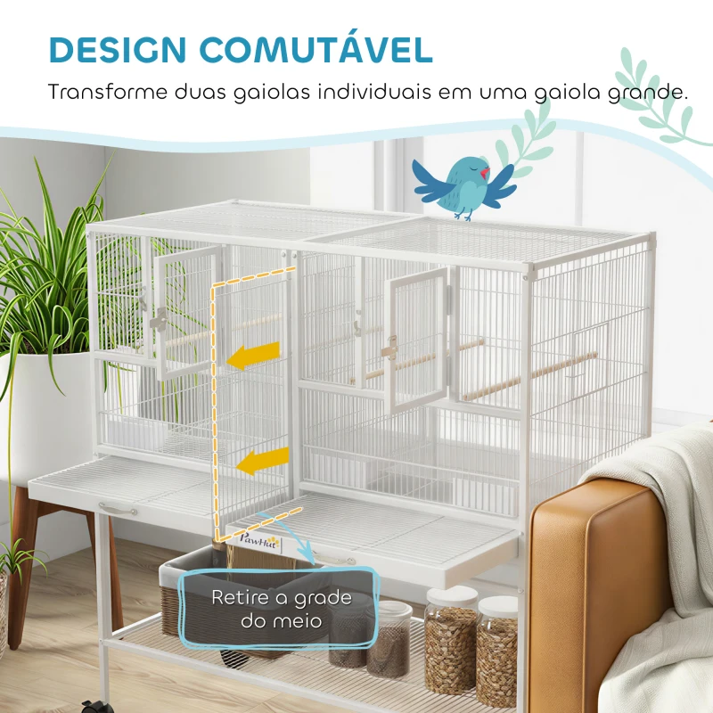 PawHut Gaiola para Pássaros Grande com Divisor Rodas 4 Comedouros 4 Poleiros Prateleira 2 Bandejas Removíveis 95x45,5x102 cm Branco