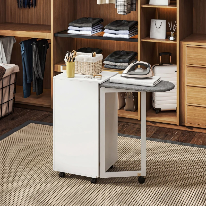 HOMCOM 2-in-1 faltbarer Bügelbrettschrank auf Rollen mit Bügelbrett und verstellbarem Regal für kleine Räume, Weiß