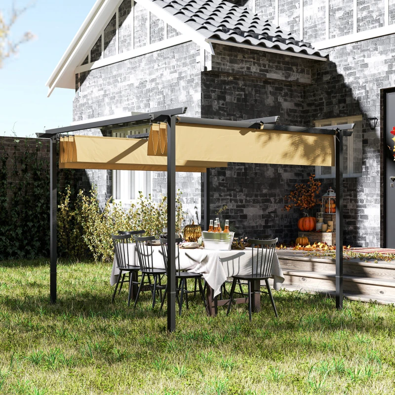 Pergolă Gazebo Outsunny 3x3 cu acoperiș retractabil și orificii de drenaj, din poliester și oțel, bej și negru(m-10)