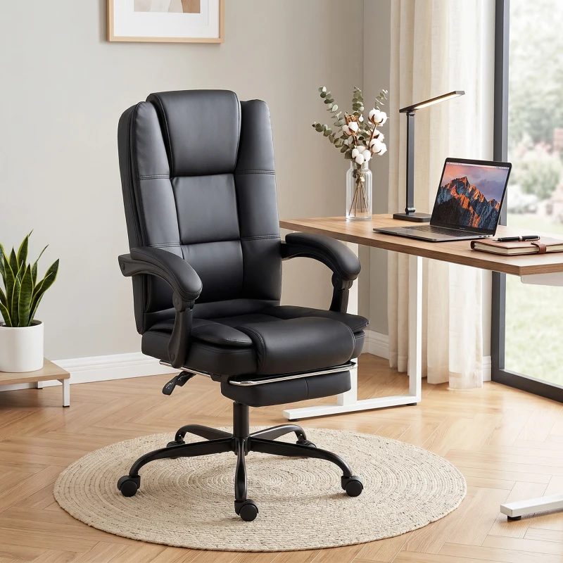 HOMCOM Scaun Birou Ergonomic Reclinabil Rotativ din Piele PU cu Suport pentru Picioare, Înălțime Reglabilă, Negru