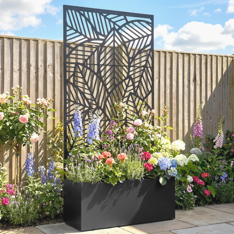 Outsunny Jardinière avec treillis, bac à fleurs, lit surélevé avec brise-vue, pour plantes grimpantes métal 90 x 30 x 170 cm noir