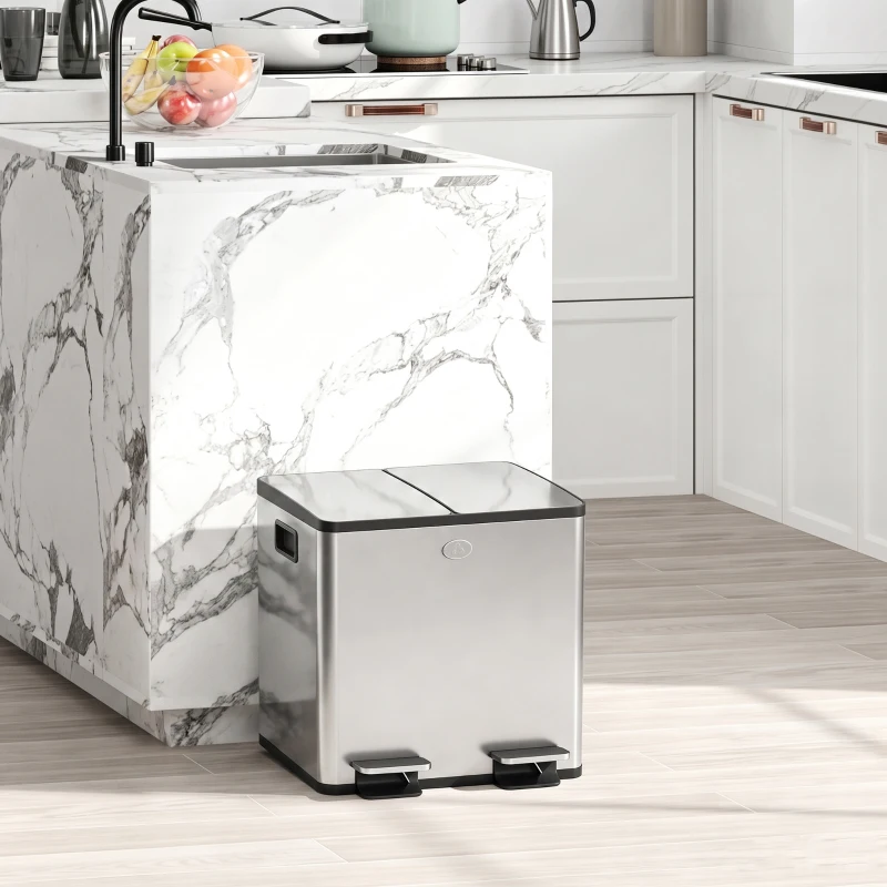 HOMCOM Papelera Cocina de Acero Inoxidable con 2 Compartimentos 2x15L Pedal Tapas de Cierre Suave y Cubo Extraíble Plata
