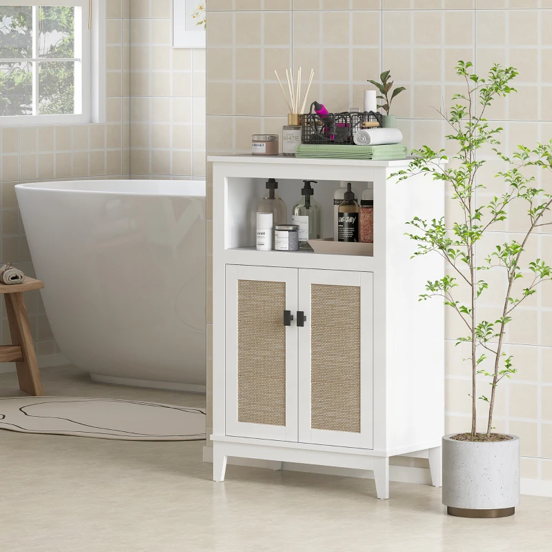 HOMCOM Mueble Auxiliar de Baño con 2 Puertas con Frontal de Ratán Estante Ajustable y Compartimento Abierto 60x30x90 cm Blanco