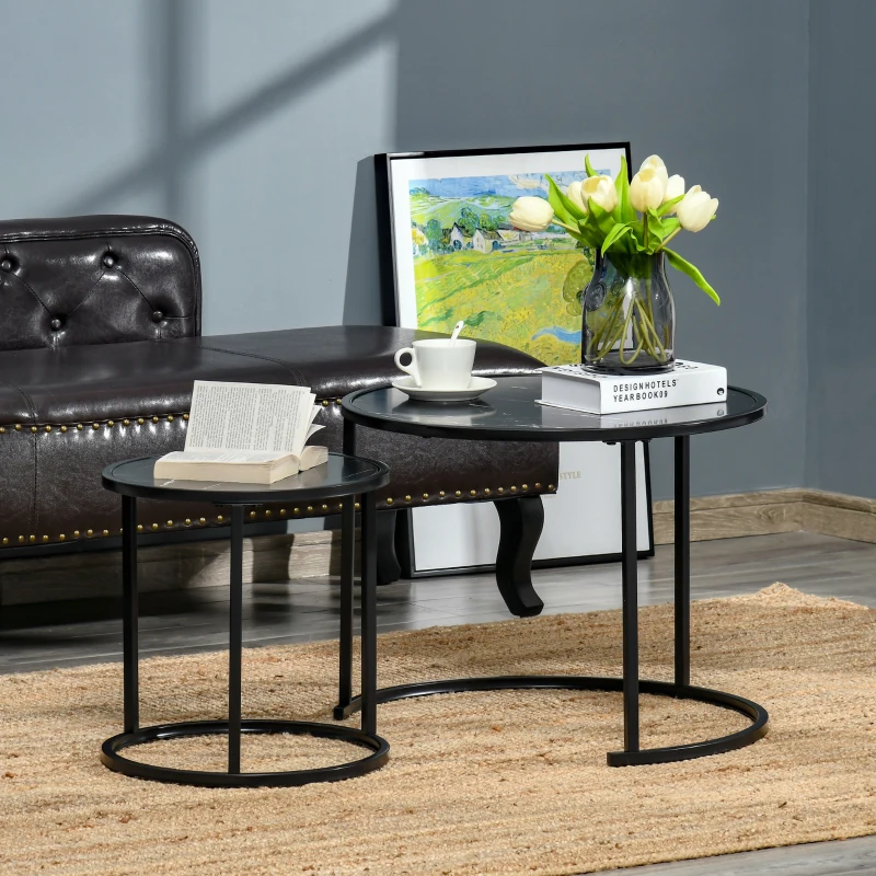 HOMCOM Lot de 2 Tables Basses Rondes gigogne empilables Plateau en bois aspect marbre et Pieds en métal Noir