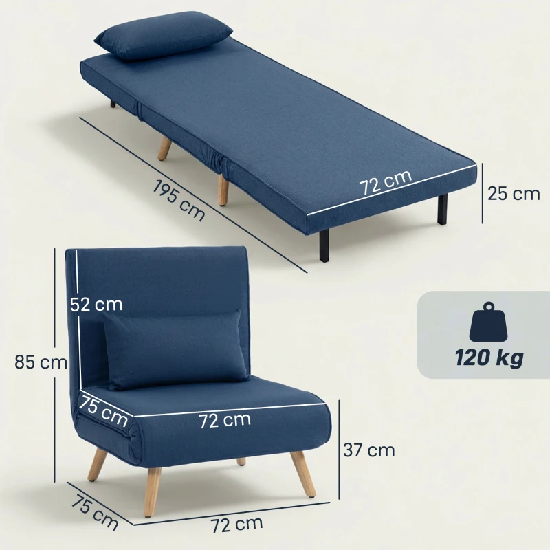 HOMCOM Sofá Cama Individual Plegable con Respaldo Ajustable 5 Posiciones Sillón Cama Tapizado con Cojín 72x75x85 cm Azul
