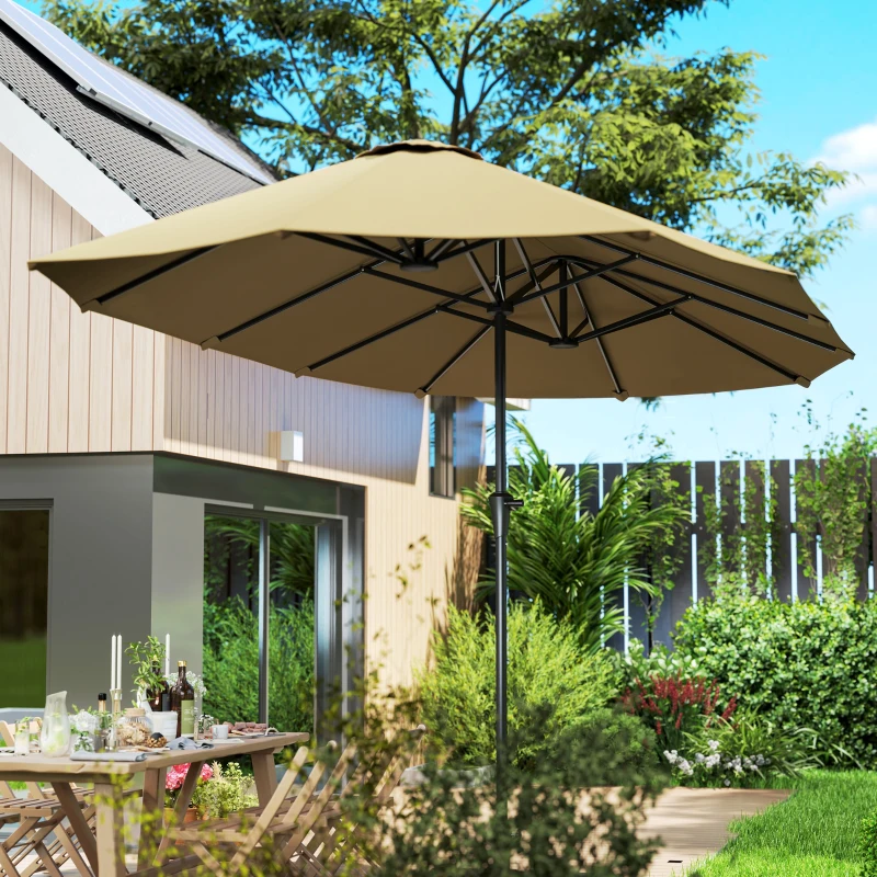 Outsunny Sombrilla Doble 4x2,2 m Sombrilla Terraza Exterior con Manivela Manual Impermeable y Protección UV30+ Café