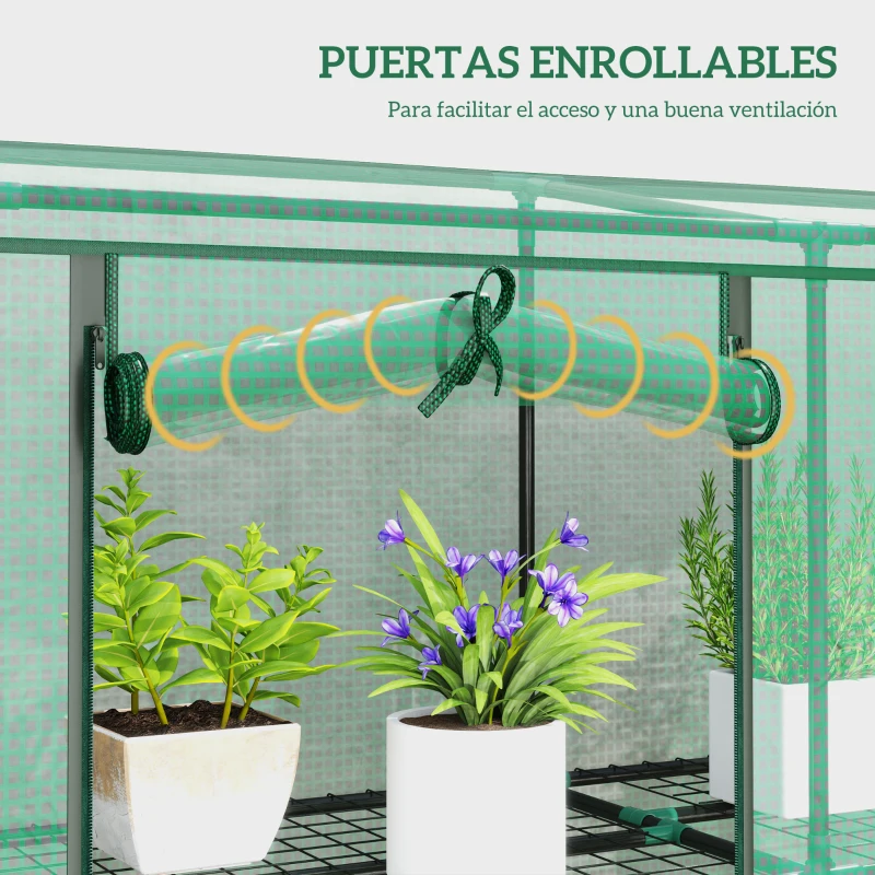 Outsunny Invernadero de Exterior de 3 Niveles con Puerta Enrollable con Cremallera 9 Estantes Cubierta de PE 215x46x151cm Verde