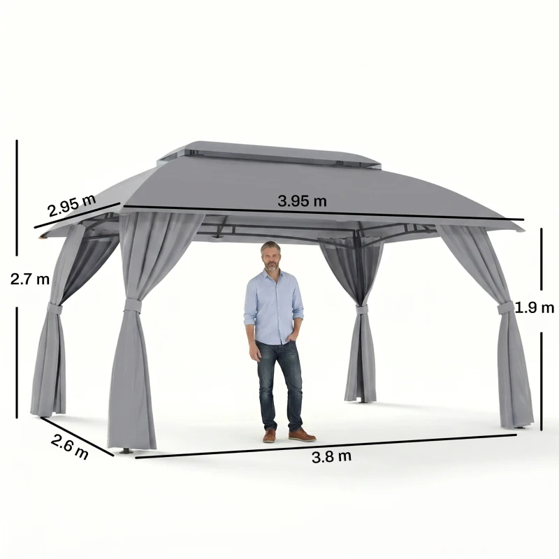 Outsunny Gazebo da Giardino 4x3m con Doppio Tettuccio, Pareti in Poliestere e Struttura in Acciaio, Grigio